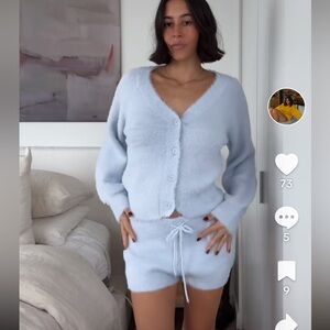 La Vie En Rose Set Fluffy Cadigan & Fluffy Shorts, Baby Blue, Both Size S